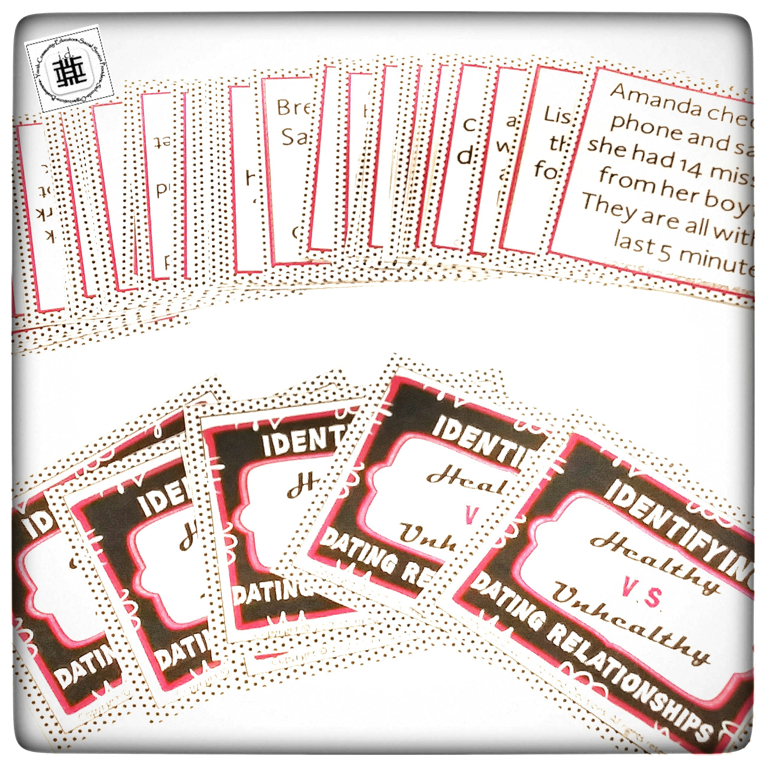 Fanned out cards that show situations of Healthy vs Unhealthy dating relationships